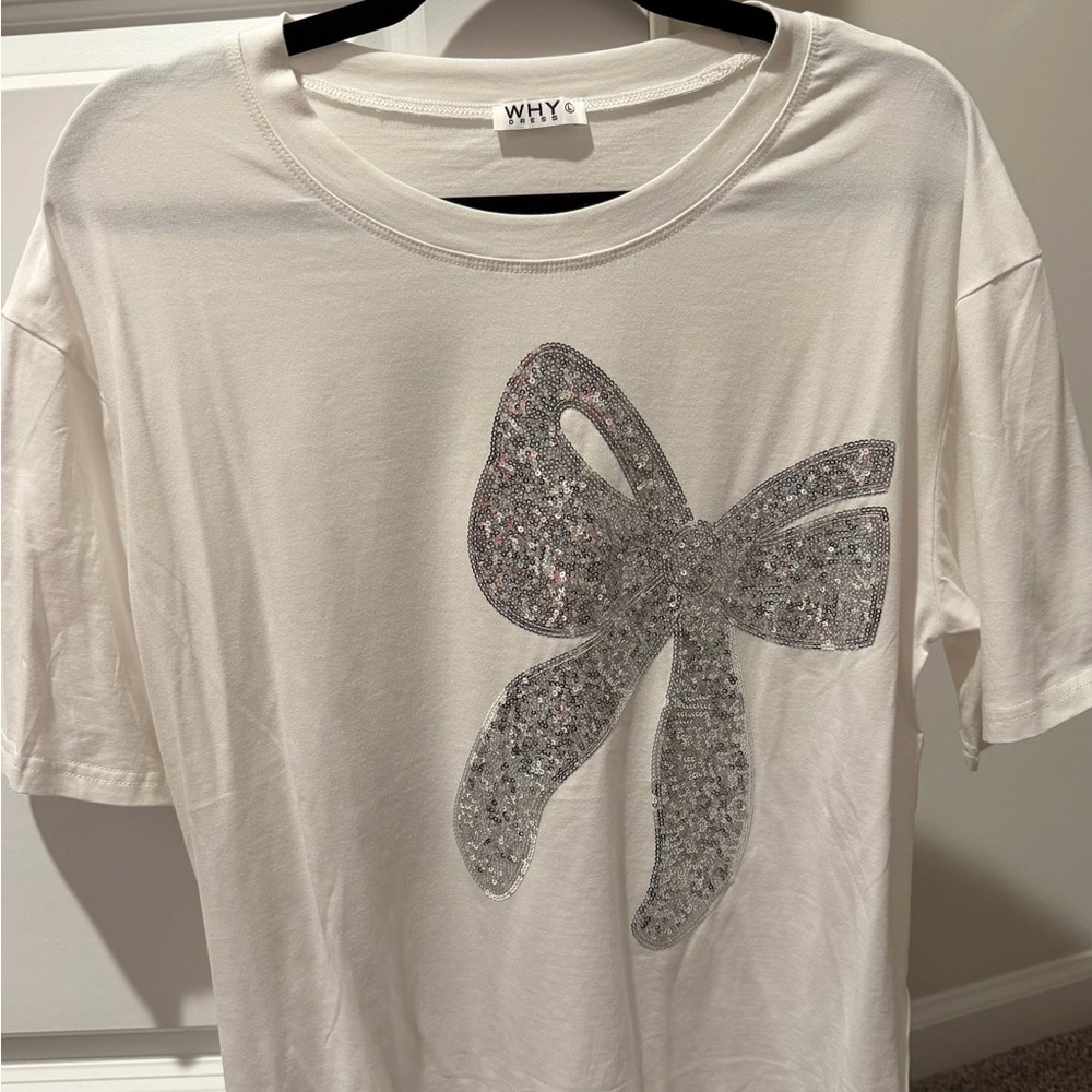 Why Dress White Tee with Silver Sequin Bow. 💖